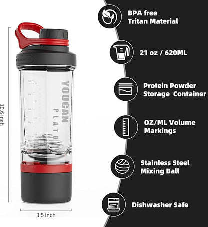 21oz Protein Shaker Bottle with Powder Storage Container-Shaker Cups for Protein Shakes-pre workout bottle-Mixer Cup-Gym Sport Water Bottle -Made with Tritan BPA Free,with Wire Whisk Balls,Red