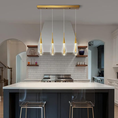 LMQNINE Kitchen Light Fixtures Ceiling Dimmable LED Modern Gold Pendant Light Mini Teardrop Crystal Pendant Light for Kitchen Island Bedroom Hallway Entryway (4-Light) (020)