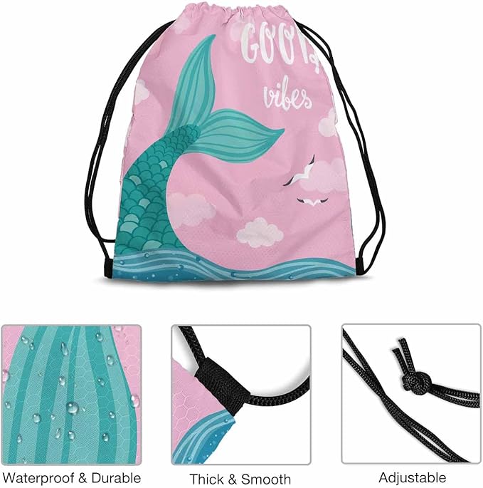 Drawstring Backpack Bag Good Vibes Lettering Green Mermaid Tail Blue Sea Two Seagulls Lightweight Backpack Soccer Ball Bag Sutiable for Sports Beach Short Travel Stroage 14x16.9 Inch