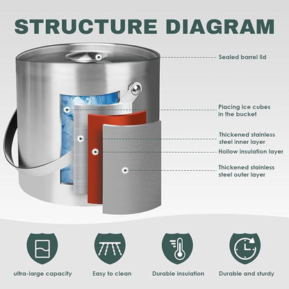 3L Double-Wall Insulated Stainless Steel Ice Bucket with scoop for Cocktail Bar - Metal Ice Bucket for freezer with Lid for parties, Camping,and More!champagne bucket,bar cart accessories (silver)