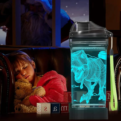 Boy Water Bottles for School, Cool Velociraptor Dinosaur Night Light for Room Decor, Tritan BPA Free Travel Cup for Back to School Girls Child Holiday Camping Picnic - 14 Oz