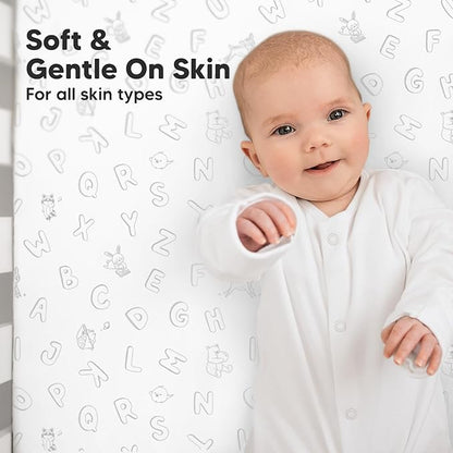 2-Pack Organic Crib Sheets for Boys, Girls - Jersey Fitted Crib Sheet, Baby Crib Sheets Neutral, Crib Mattress Sheet, Cotton Crib Sheets, Breathable Crib Sheet, Baby Mattress Sheets (ABC Land Cloud)