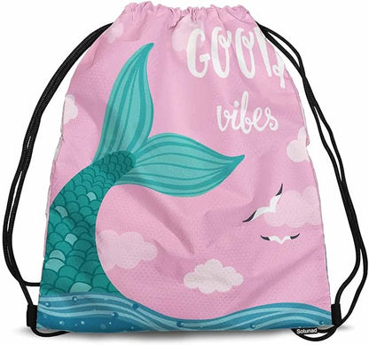 Drawstring Backpack Bag Good Vibes Lettering Green Mermaid Tail Blue Sea Two Seagulls Lightweight Backpack Soccer Ball Bag Sutiable for Sports Beach Short Travel Stroage 14x16.9 Inch