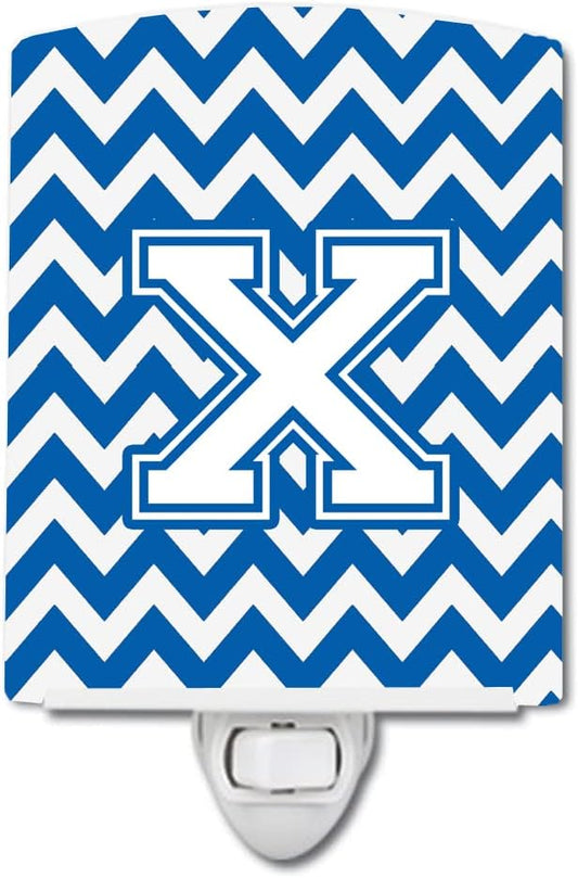 Caroline's Treasures CJ1045-XCNL Letter X Chevron Blue and White Ceramic Night Light Compact, UL-Certified, Ideal for Bedroom, Bathroom, Nursery, Hallway, Kitchen, 6x4x3, Multicolor