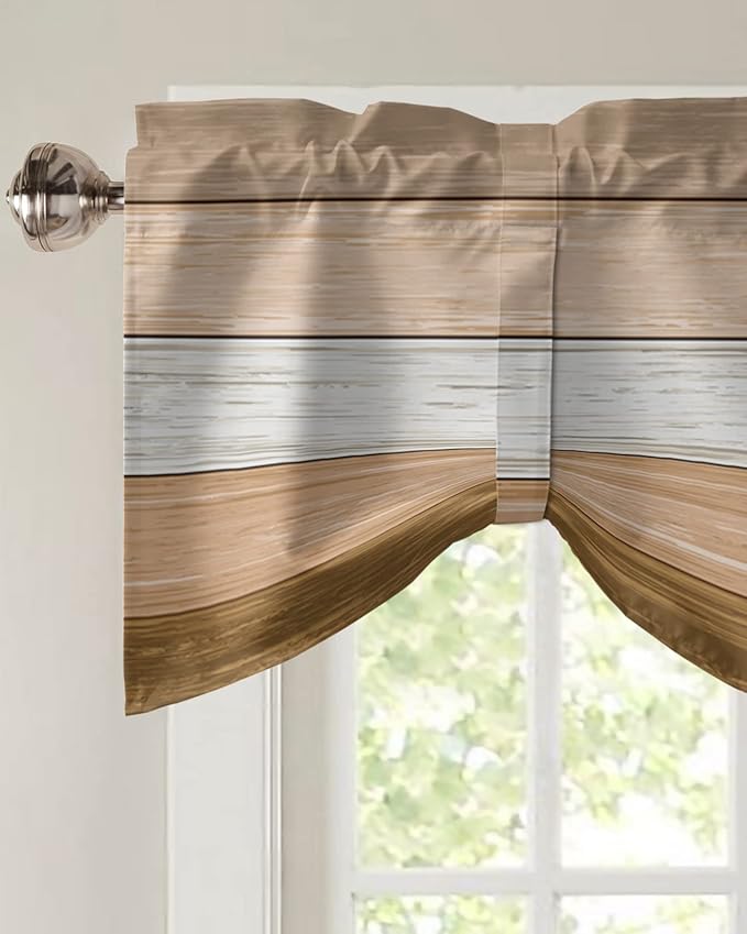 Farmhouse Summer Blackout Tie Up Valance Curtains for Kitchen Windows,Brown Beach Fall Window Toppers Balloon Shades for Living Room/Bathroom/Bedroom,1 Panel,42" X 12" Rustic Barn Wood Texture