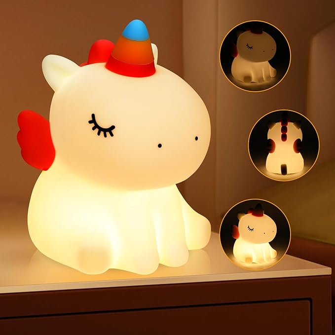 Unicorn Night Light for Kids, 3 Level Dimmable Cute Night Lamp for Girls, Led Rechargeable Squishy Silicone Small Nightlight Decor Gifts for Baby Nursery Toddler Bedroom