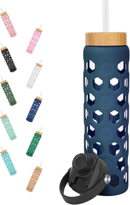 32oz Water Bottles with Straw and 2 Lids Spout Lid & Bamboo Lid, Glass Tumblers with Top Handle, BPA FREE Reusable Glass Water Bottle with Silicone Sleeve-1 Pack