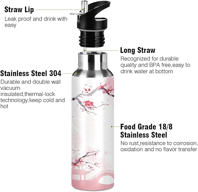 Qilmy Japanese Cherry Blossom Vacuum Insulated Water Bottle with Straw Lid 22oz Double Wall Stainless Steel Sports Water Bottle for Travel Sport, Hot Cold, BPA-Free