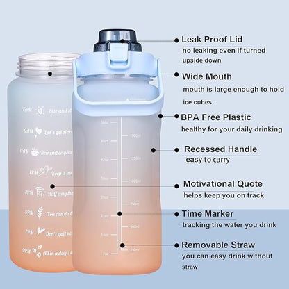 3 in 1 Set Sport Motivational Gradient With Straw Time Marker 64 oz Gradient Color 3 in 1 Set Gym water bottle blue