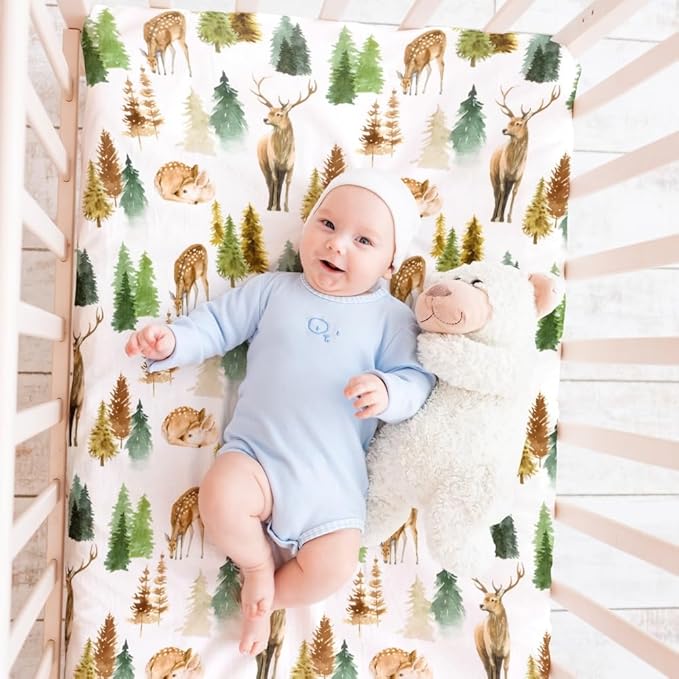 4 Pack N Play Sheets Woodland Forest Animals Wood Neutral Unisex Fitted Baby N Play Sheets Fitted for Standard Pack and Plays and Mini Cribs Set for Baby Boys or Girls (Cartoon Fox)