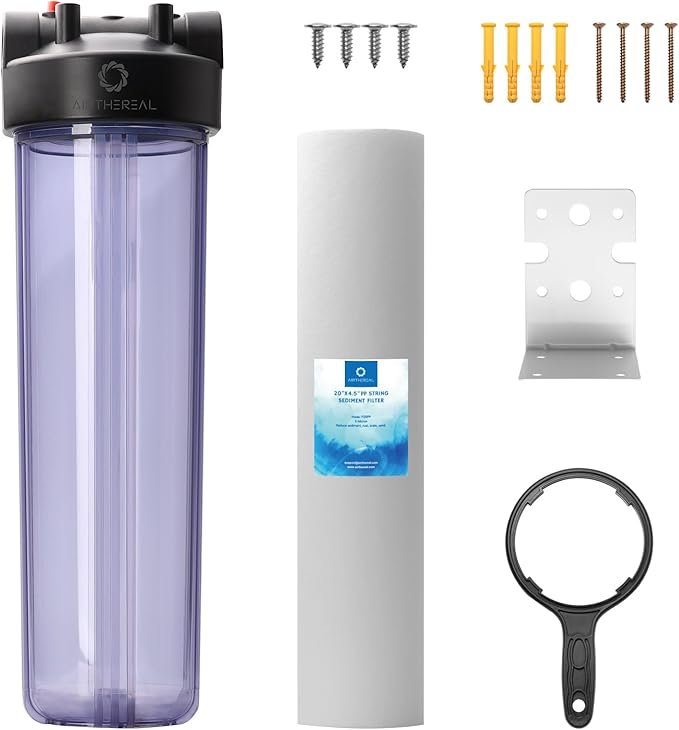 Airthereal Whole House Water Filter Housing, 20" x 4.5" Sediment Carbon Cartridge Universal Housing, Pre-Filtration System for Well and City Water, Clear Housing Include 1-Pack PP Filter