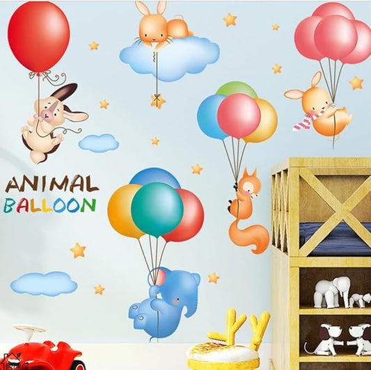 Animals with Balloons Nursery Decor Cute Jungle Animals Safari Balloons Wall Decals Bunny Elephant Fox Peel and Stick Baby Nursery Kids Bedroom Classroom Wall Decor