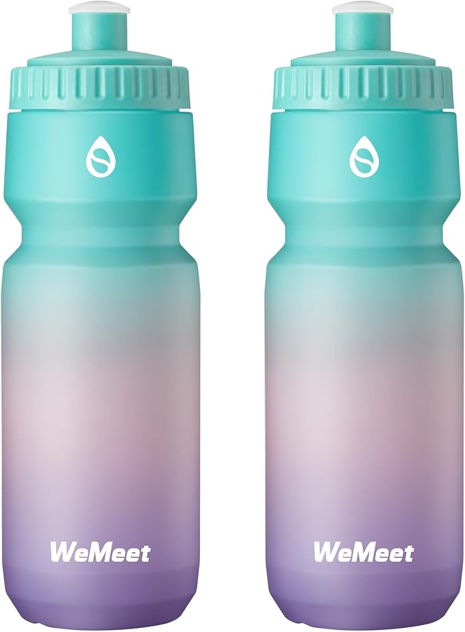 24oz Sport & Bike Squeeze Bottle, Leak Proof Bike Water Bottle with Capacity Scale, BPA Free, for Cycling, Mountain Biking, Running, Hiking (Green Pink Purple, 2 Pack)