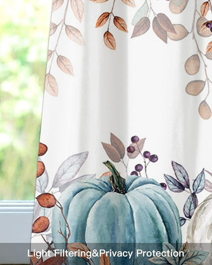 Fall Thanksgiving Kitchen Curtains Valances for Windows Watercolor Autumn Pumpkins Eucalyptus Leaves Rod Pocket Window Treatment for Kitchen /Living Room/Bedroom/ Bathroom,42" X 12", Blue Orange
