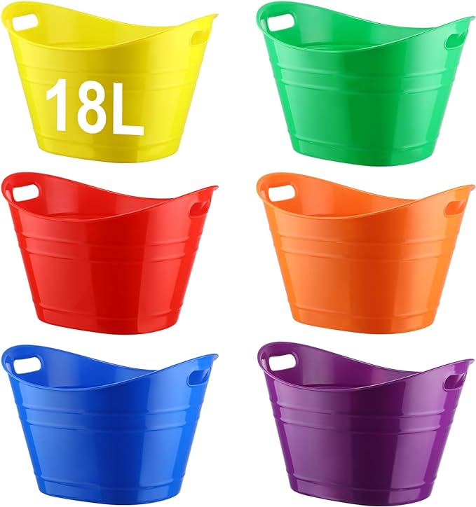 6 Pieces Ice Buckets Bulk, Plastic Ice Buckets with Handles, Oval Storage Tub, Large Capacity Ice Drink Bucket for Party Bar Wine Beer Champagne Beverage Bottle Cooler (Multicolor,18 Liter)
