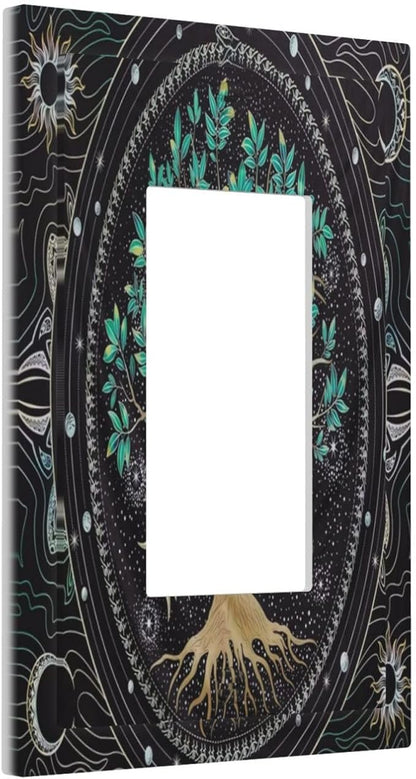 Tree of Life Blackground 1 Gang Rocker Light Switch Plate Hippie Sun Moon Star Single Decora Outlet Wall Plate Cover Faceplate Decorative Switchplate GFCI for Bathroom Bedroom Living Room Decorate