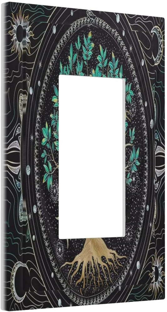 Tree of Life Blackground 1 Gang Rocker Light Switch Plate Hippie Sun Moon Star Single Decora Outlet Wall Plate Cover Faceplate Decorative Switchplate GFCI for Bathroom Bedroom Living Room Decorate