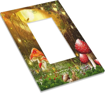 Red Mushroom Forest Fairy Moon Butterfly 1 Gang Rocker Bohemian Light Switch Covers Decorative Single Decora Outlet Wall Plate Faceplate Switchplate GFCI for Kidroom Nursery Decor