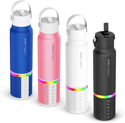 Smart Water Bottle with Premium Bluetooth Speaker, Portable Charger, LED Light, Hands-Free Mic, Insulated Stainless Steel, Straw Lid, BPA-Free, 20oz - Mix & Match Colorways