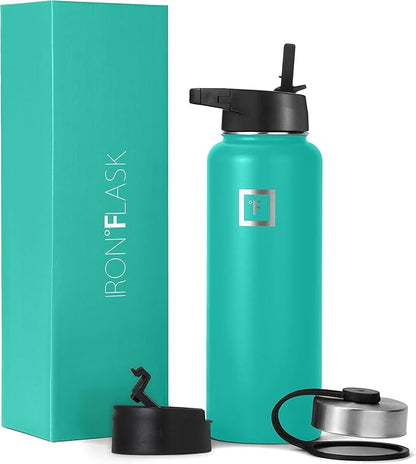 IRON °FLASK Sports Water Bottle - Wide Mouth with 3 Spout Lids - Stainless Steel Gym & Outdoor Bottles for Men, Women & Kids - Double Walled, Insulated Thermos, Metal Canteen - Aquamarine, 40 Oz