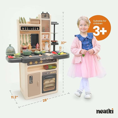 Kids' Play Kitchen Set, 27.95 x 11.22 x 36.81 Inch, 65-Piece Toy Kitchen Playset with Functional Faucet, Realistic Steam Effects, Lights and Sounds, and Other Kitchen Accessories (Dark Gray)