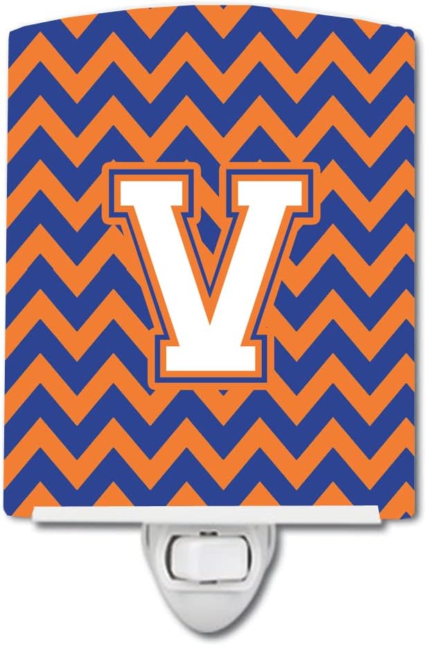 Caroline's Treasures CJ1060-VCNL Letter V Chevron Blue and Orange #3 Ceramic Night Light Compact, UL-Certified, Ideal for Bedroom, Bathroom, Nursery, Hallway, Kitchen, 6x4x3, Multicolor