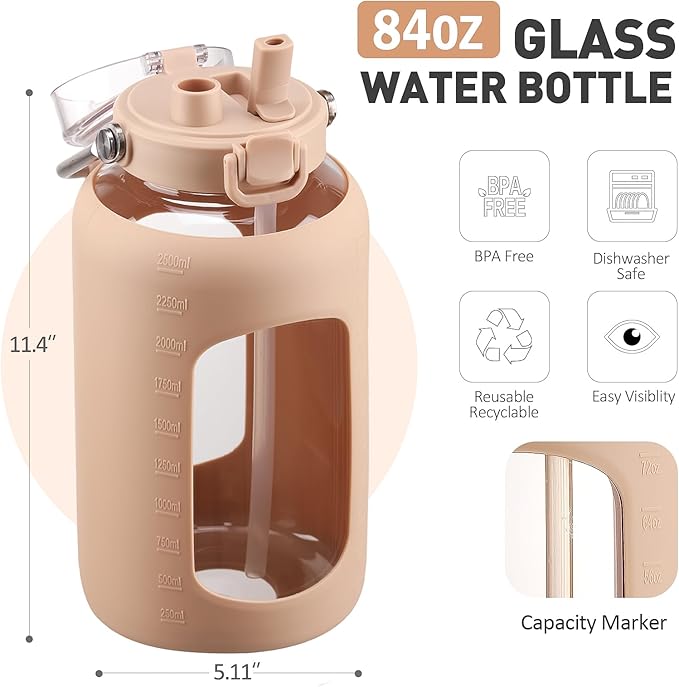 84oz Glass Water Bottle with Stainless Steel Handle,2.4L Gallon Water Bottle With 2-IN-1 Straw Lid, Silicone Sleeve and Motivational Capacity Marker, Wide Mouth Water Jug For Gym, Workout, Amber