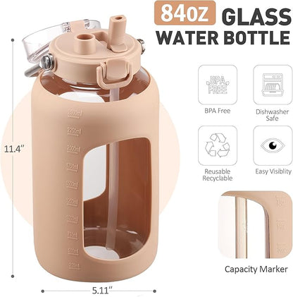 84oz Glass Water Bottle with Stainless Steel Handle,2.4L Gallon Water Bottle With 2-IN-1 Straw Lid, Silicone Sleeve and Motivational Capacity Marker, Wide Mouth Water Jug For Gym, Workout, Amber