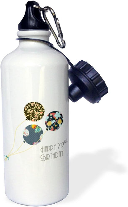 3dRose "Happy 79th Birthday-Modern stylish floral Balloons. Elegant black brown blue 79 year old Bday" Sports Water Bottle, 21 oz, White