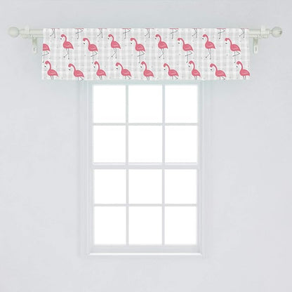 Ambesonne Pink Flamingo Window Valance, Cartoon Birds on Pastel Colored Checkered Background Wild Nature, Curtain Valance for Kitchen Bedroom Decor with Rod Pocket, 54" X 12", Coral Grey
