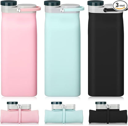 Ctosree 3 Pcs Collapsible Water Bottles 20 oz Foldable Portable Silicone Water Bottle Leak Proof Travel Water Bottle Lightweight Folding Water Bottle for Sports Traveling Hiking