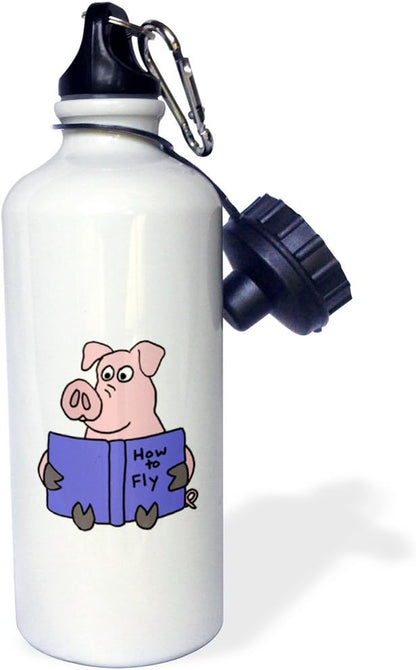 3dRose Funny Pig Reading How to Fly Book Sports Water Bottle, 21 oz, Multicolored