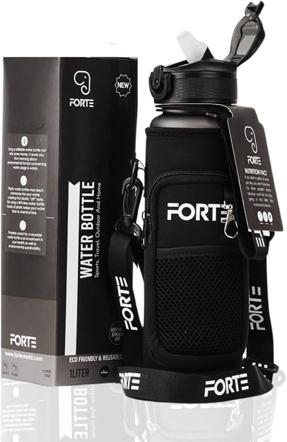 FORTE Plastic Water Bottle with Sleeve - BPA-Free Water Jug with Leak Proof Lid and Straw - Perfect for Gym, Office, and Everyday Use (Black)
