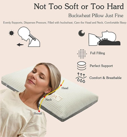 Adjustable Firmness Buckwheat Pillow, Neck Support Buckwheat Pillows for Sleeping with Buckwheat Hulls and Cotton Cover for Back Side Sleepers, as Meditation Cushion, Khaki 20"X12"