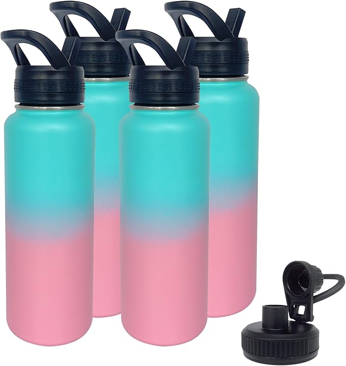 4pack 40 oz Insulated Water Bottle With Straw, Stainless Steel Sports Water Cup Flask with 2 Lids, Wide Mouth Travel Thermal Mug,Pink gradient