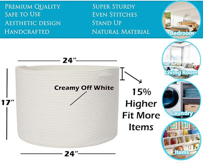 24" x 24" x 17" Max Size Large Cotton Rope Basket, Extra Large Storage Basket, Woven Laundry Hamper, Cloth Storage Bin, for Blankets Clothes Towels Pillows in Living Room, All White