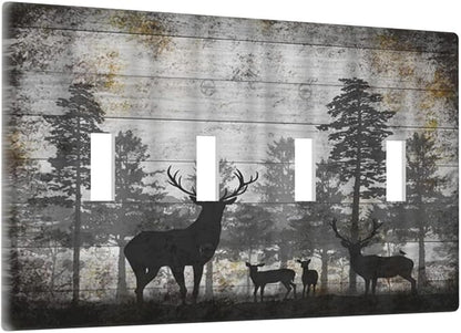 Rustic Deer Forest Vintage Wood Board Quad Toggle Boho Light Switch Covers Decorative Country Unique 4 Gang Wall Plate Electrical Faceplate Switchplate for Farmhouse Bedroom Decor