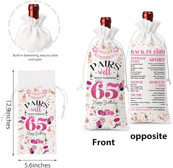 65th Birthday Gifts for Women Men Wine Bag, 65 Year Old Birthday Gifts for Women, 65th Birthday Party Decorations for Women Men, Pairs Well with Turning 65 Wine Bags (White Pink)