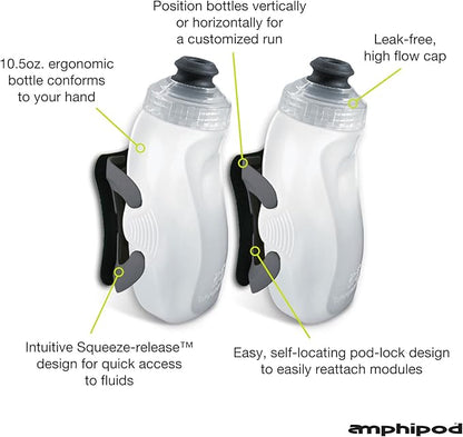 Amphipod RunLite Xtech Hydration System, Dual 10.5 oz Hydraform Water Bottles for Running, Marathons & Endurance Training (Push/Pull Cap) - Clear/Charcoal - 2 x 10.5 oz
