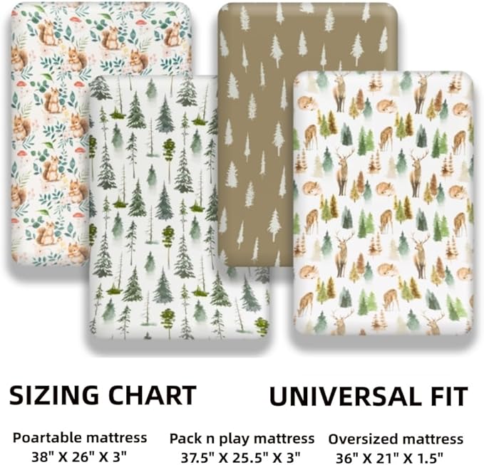 4 Pack N Play Sheets Woodland Forest Animals Wood Neutral Unisex Fitted Baby N Play Sheets Fitted for Standard Pack and Plays and Mini Cribs Set for Baby Boys or Girls (Cartoon Fox)