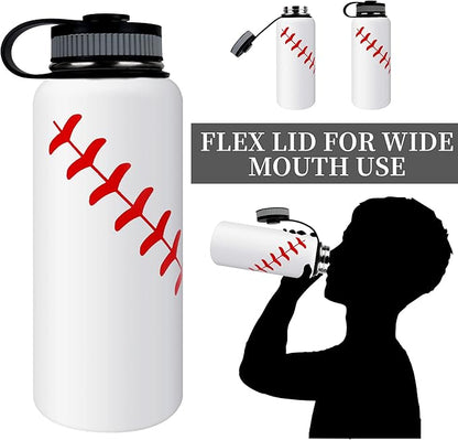 40oz Wide Mouth Baseball Water Bottle with Two Lids(Straw, Handle Lid), 18/8 Stainless Steel Vacuum Insulated for Travel & Sport Cup. (Baseball White, 40oz)