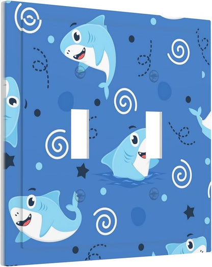 Cute Sharks Cartoon Double Toggle Light Switch Covers 2 Gang Wall Plate Dual Decorative Switchplate Electrical Faceplate for Bathroom Country Kitchen Bedroom Decor, 4.9" x 5"