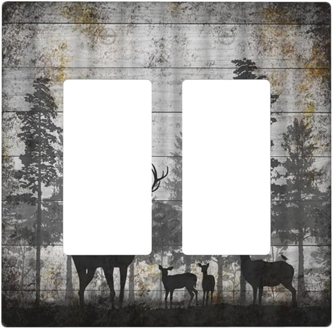 Rustic Deer Forest Vintage Wood Board 2 Gang Rocker Boho Light Switch Covers Decorative Country Unique Double Decora Outlet Wall Plate Faceplate Switchplate GFCI for Farmhouse Bedroom