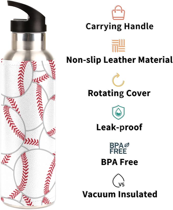 Stainless Steel Sports Water Bottle with Straw, 20 oz Vacuum Insulated Cup, Keeps Hot Cold Canteen Water Bottles For Cycling Travel Hiking (baseball)