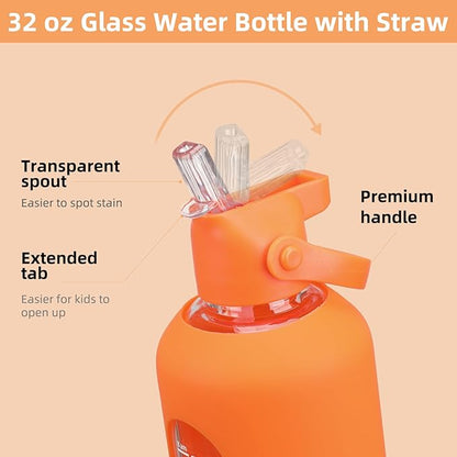 32 oz Glass Water Bottles with Straw Borosilicate Glass Water Bottle with Time Marker Motivational Water Bottles with Silicone Sleeve Leak Proof Reusable BPA Free