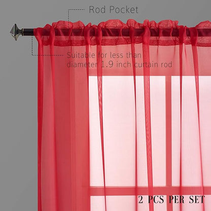 Red Sheer Voile Curtains Short Translucent Solid Color 45 Inch Length Panels Rod Pocket Red Sheers 45 inches long for Small Window Kitchen 2 Panels 52x45