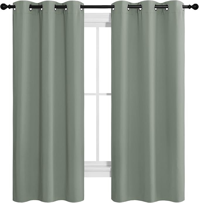 NICETOWN Greyish Green Room Darkening Curtains for Kitchen, Window Treatment Thermal Insulated Solid Grommet Room Darkening Curtains/Drapes for Bedroom (Set of 2, 42 inches Wide by 68 inches Long)