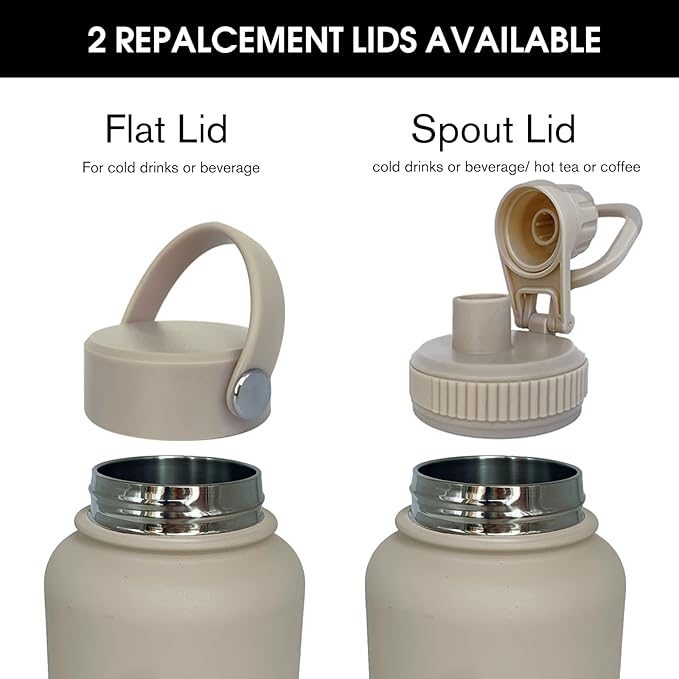 32oz Insulated Water Bottle ，Stainless Steel Sports Water Cup Flask with 2 Lids, Wide Mouth Travel Thermal Mug,Outdoor Sports Bottle（Cream apricot）