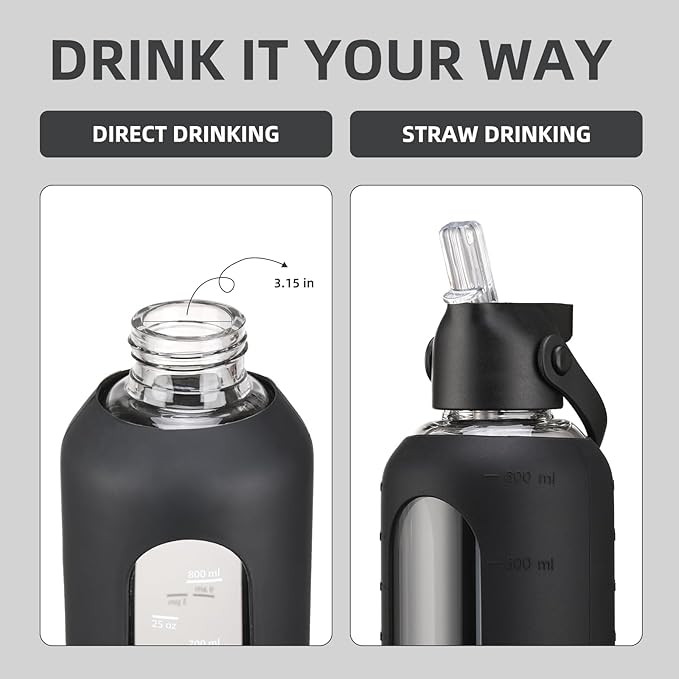 20 oz Glass Water Bottles with Straw Borosilicate Glass Water Bottle with Time Marker Motivational Water Bottles with Silicone Sleeve Leak Proof Reusable BPA Free