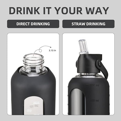 20 oz Glass Water Bottles with Straw Borosilicate Glass Water Bottle with Time Marker Motivational Water Bottles with Silicone Sleeve Leak Proof Reusable BPA Free